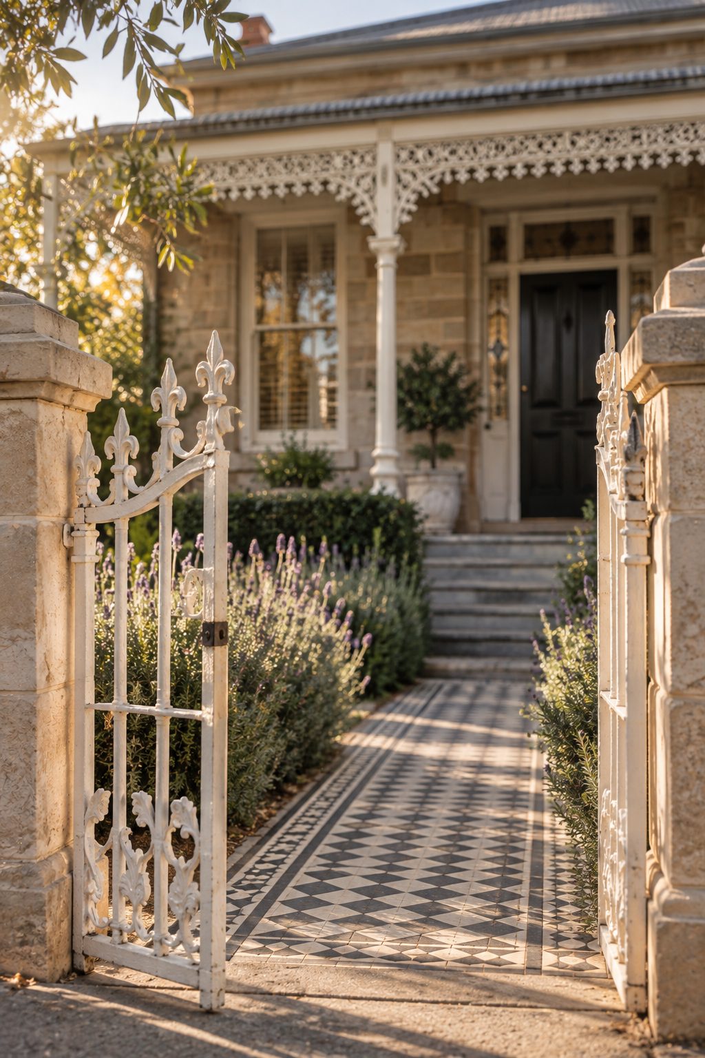 Open iron gate onto a tiled path leading to a sandstone villa