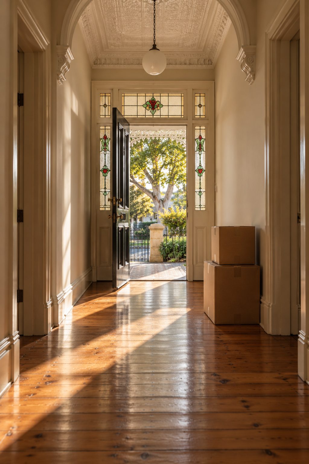 Sunlit villa hallway with moving boxes and the front door open