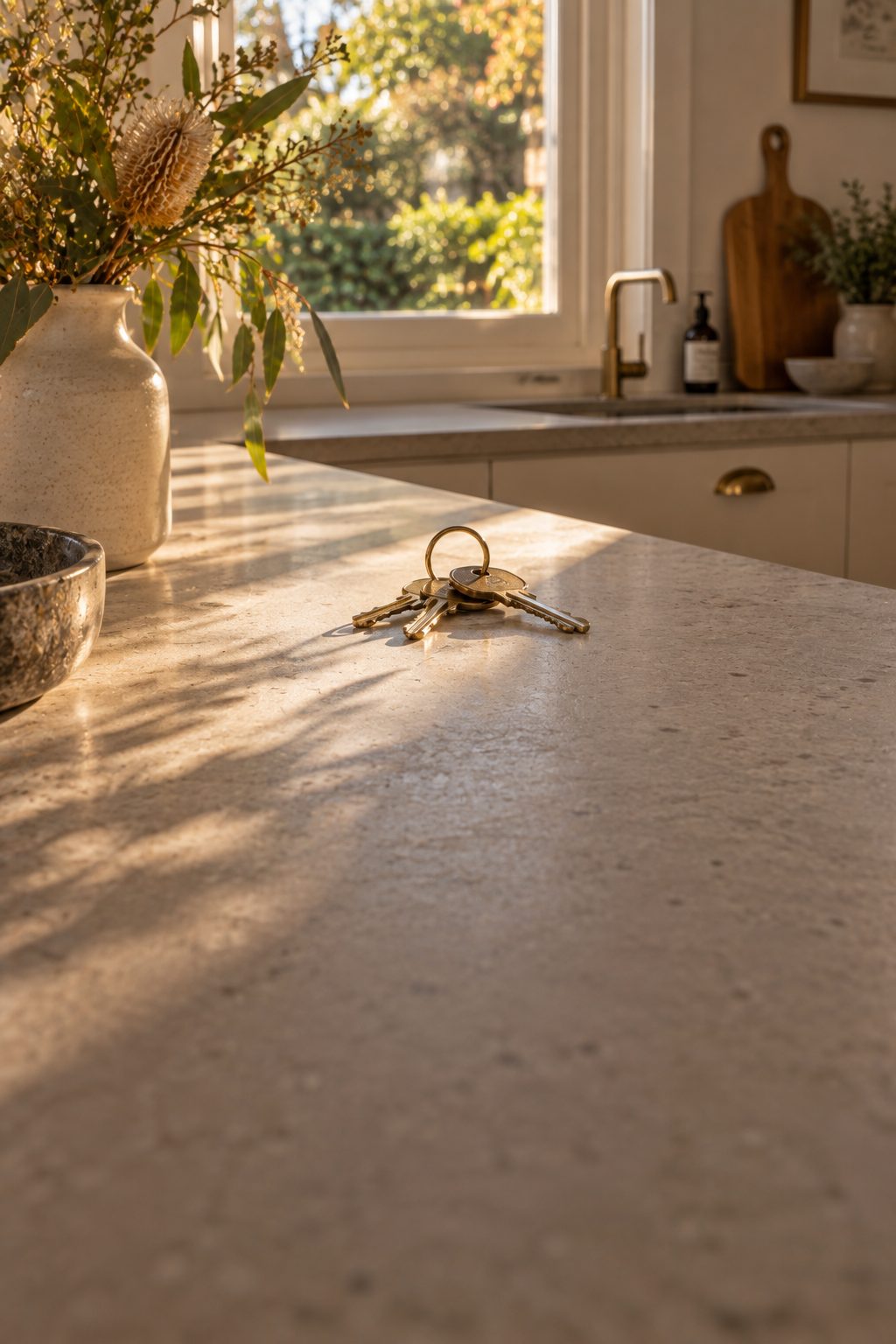 House keys on a stone kitchen bench in late light