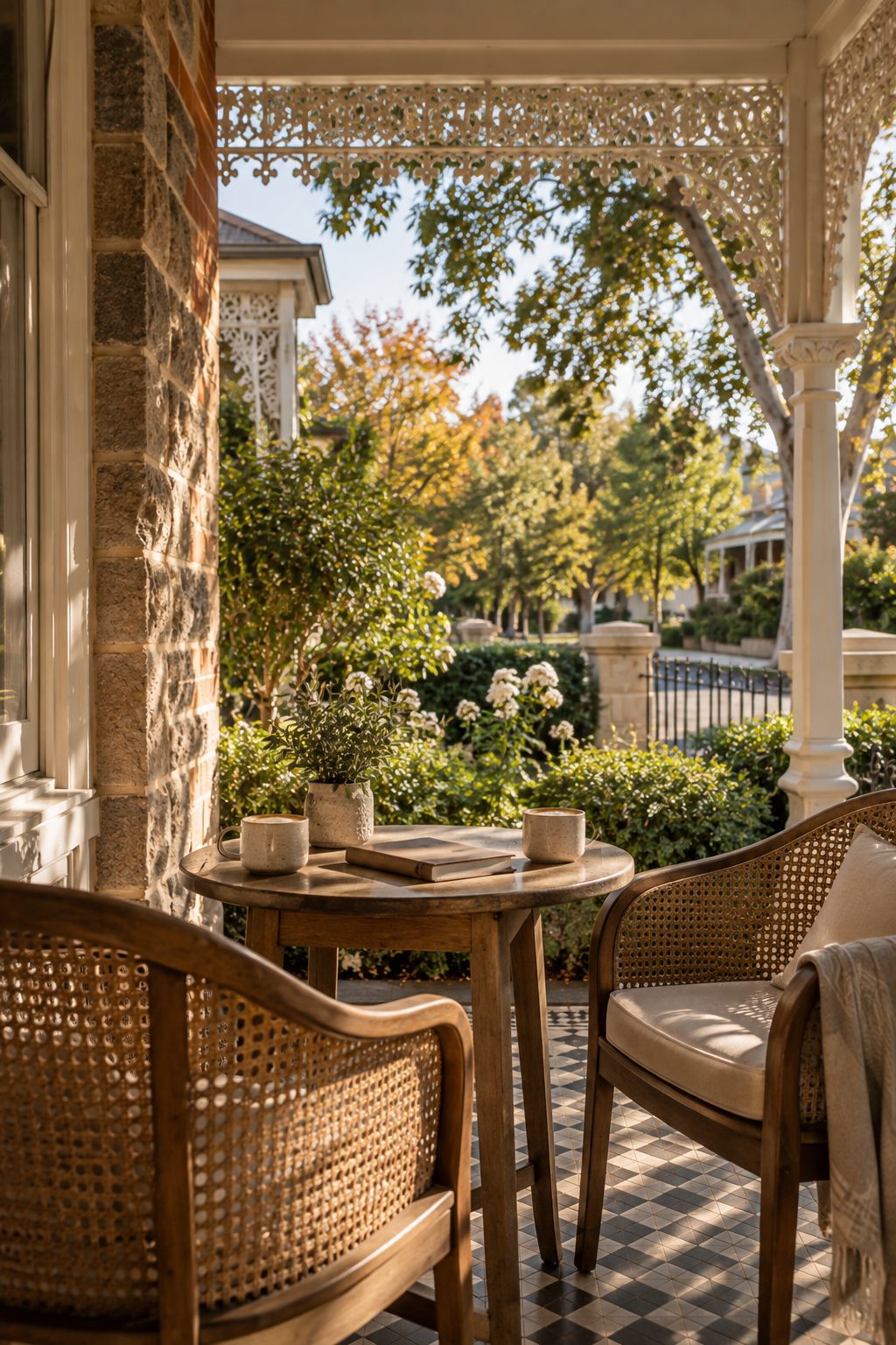 Two cups and two cane chairs on a villa verandah